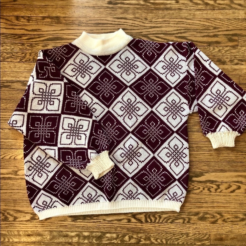 Vintage Maroon & White Patterned Mock Neck Sweater